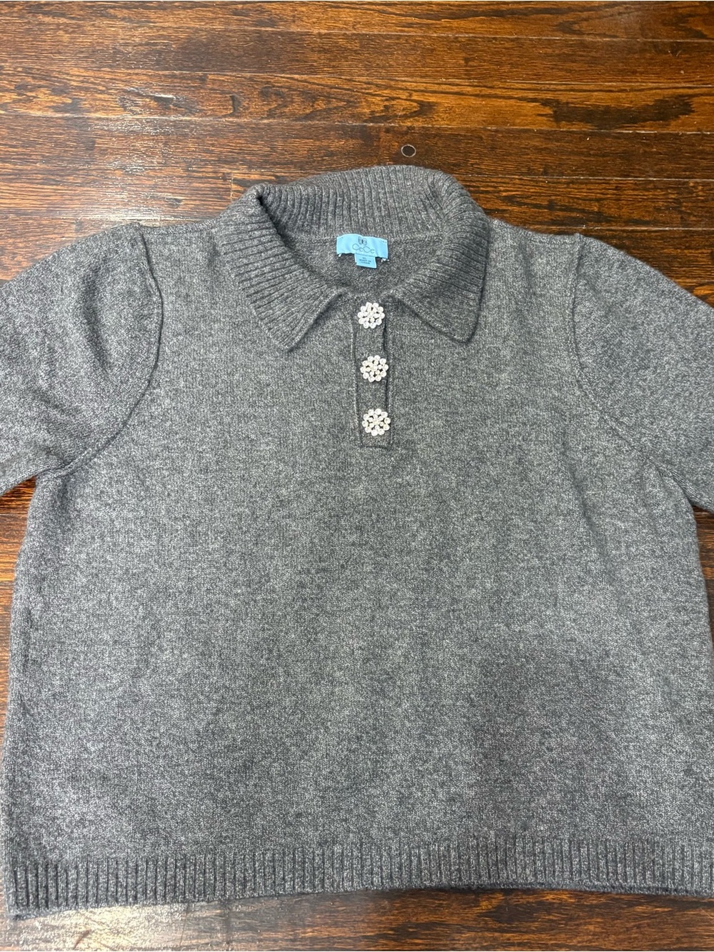 CeCe Gray V-Neck Sweater with Decorative Jewel Buttons